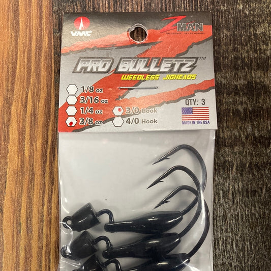 Pro Bulletz 3/8oz. 3/0 Hook Weedless Jig heads Black