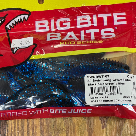 Big Bite Baits 4” Swimming Craw Tube Black Blue Electric Blue